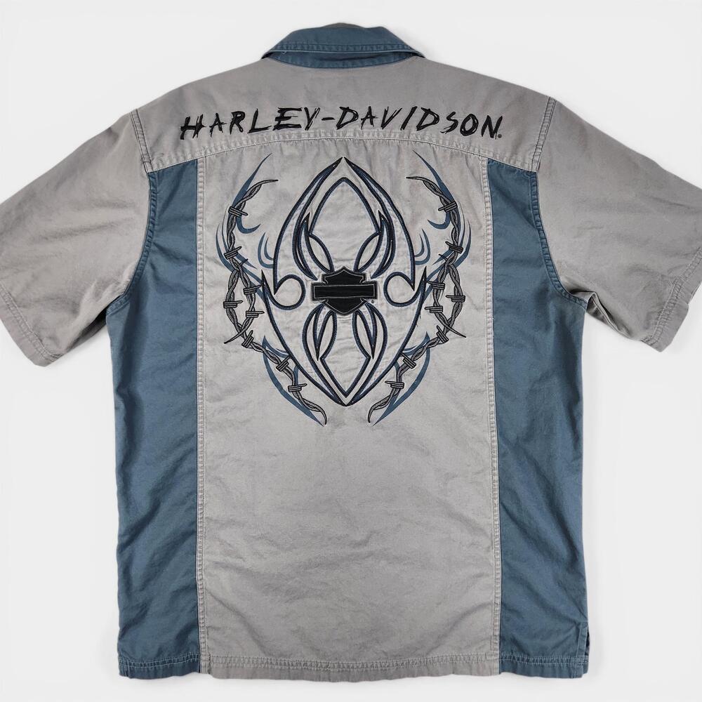 Harley-Davidson Mechanic Shirt Mens Medium Gray Blue Tribal Back Button Front